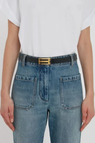 Ceinture Dorian en cuir de veau noir gaufré croco
