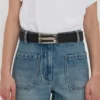 Ceinture jumbo Dorian à boucle argentée en cuir grainé noir Ceinture jumbo Dorian à boucle argentée en cuir grainé noir