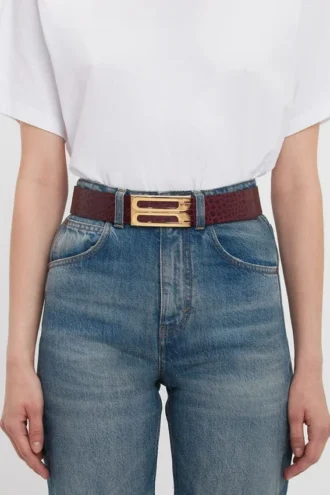 Ceinture Jumbo Dorian en cuir de veau gaufré croco bordeaux Ceinture Jumbo Dorian en cuir de veau gaufré croco bordeaux