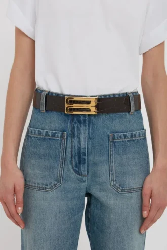 Ceinture Jumbo Dorian en cuir de veau gaufré croco couleur espresso Ceinture Jumbo Dorian en cuir de veau gaufré croco couleur espresso