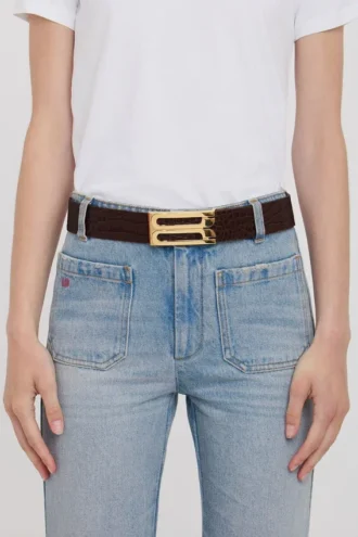 Ceinture Jumbo Dorian en cuir gaufré croco chocolat