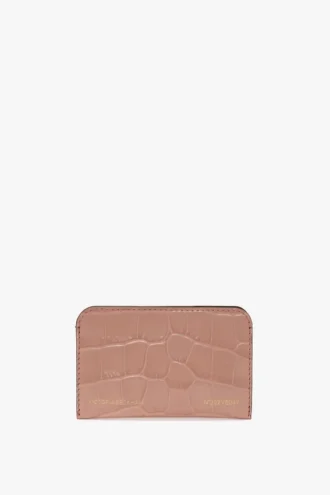 Porte-cartes enveloppe en cuir gaufré croco rose poudré