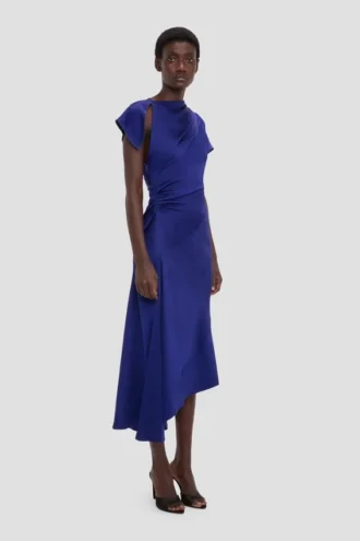 Robe asymétrique torsadée en indigo vif