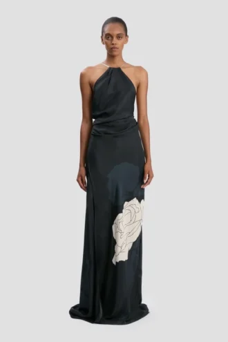 Robe dos nu à chaînes à imprimé floral bleu marine foncé