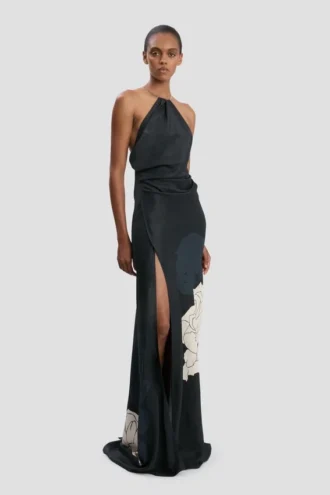 Robe dos nu à chaînes à imprimé floral bleu marine foncé