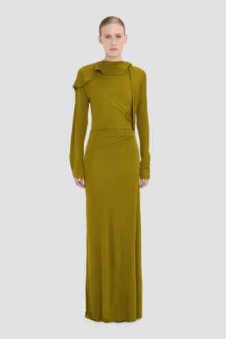 Robe drapée à encolure fermée, couleur mousse
