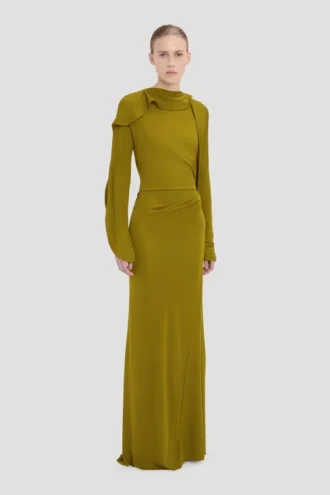 Robe drapée à encolure fermée, couleur mousse