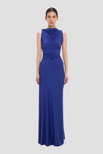 Robe drapée sans manches en indigo vif