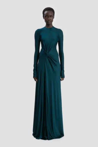 Robe longue à taille torsadée en bleu canard foncé