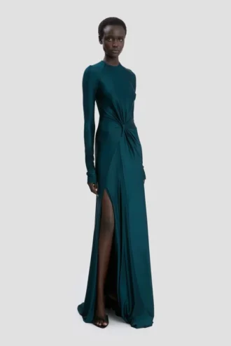 Robe longue à taille torsadée en bleu canard foncé
