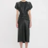 Robe midi Bela en cuir noir