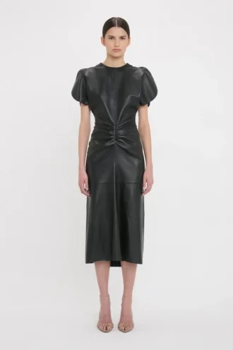 Robe midi Bela en cuir noir