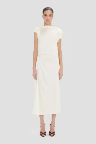 Robe midi drapée en ivoire