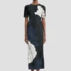 Robe midi à ourlet fendu, imprimé floral bleu marine foncé Robe midi à ourlet fendu, imprimé floral bleu marine foncé