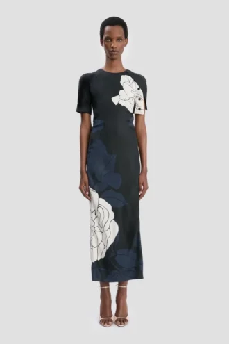 Robe midi à ourlet fendu, imprimé floral bleu marine foncé