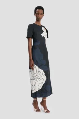 Robe midi à ourlet fendu, imprimé floral bleu marine foncé
