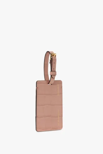 Étiquette de bagage en cuir gaufré croco rose poudré