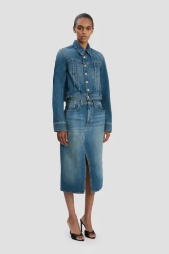 Veste en denim délavé bleu moyen